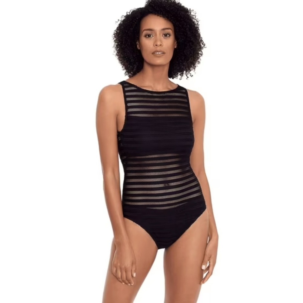 Lauren Ralph Lauren One Piece Swimsuit 12 Black Crochet High Neck 20122008